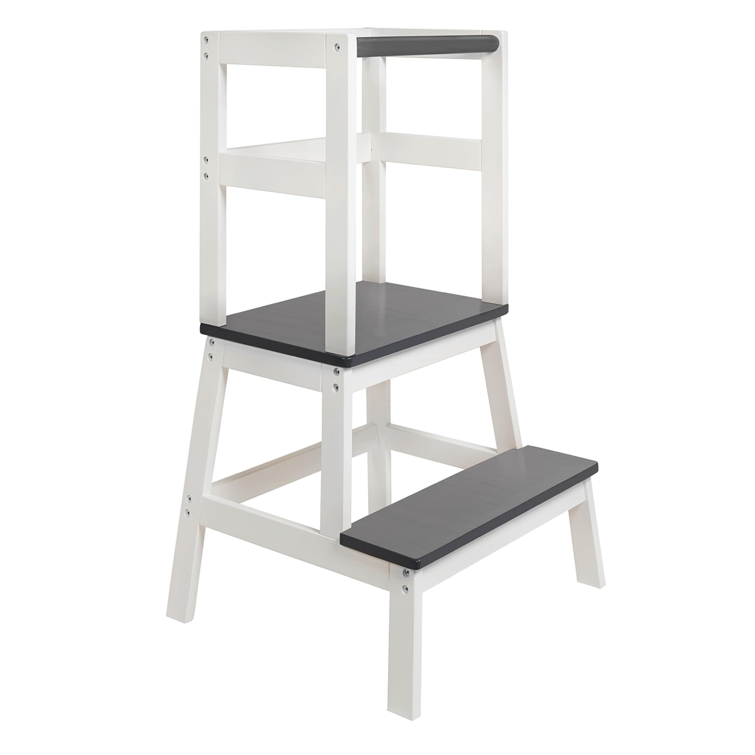 BOMI® Swubi Montessori Lernturm ab 1 Jahr | Sicherer Tritthocker Kinder 2 Stufen | Learning Tower für Kind & Baby aus Holz | Schemel, Lernstuhl als Stehhilfe, Tritthocker Holz, Kinderhocker Weiß Grau