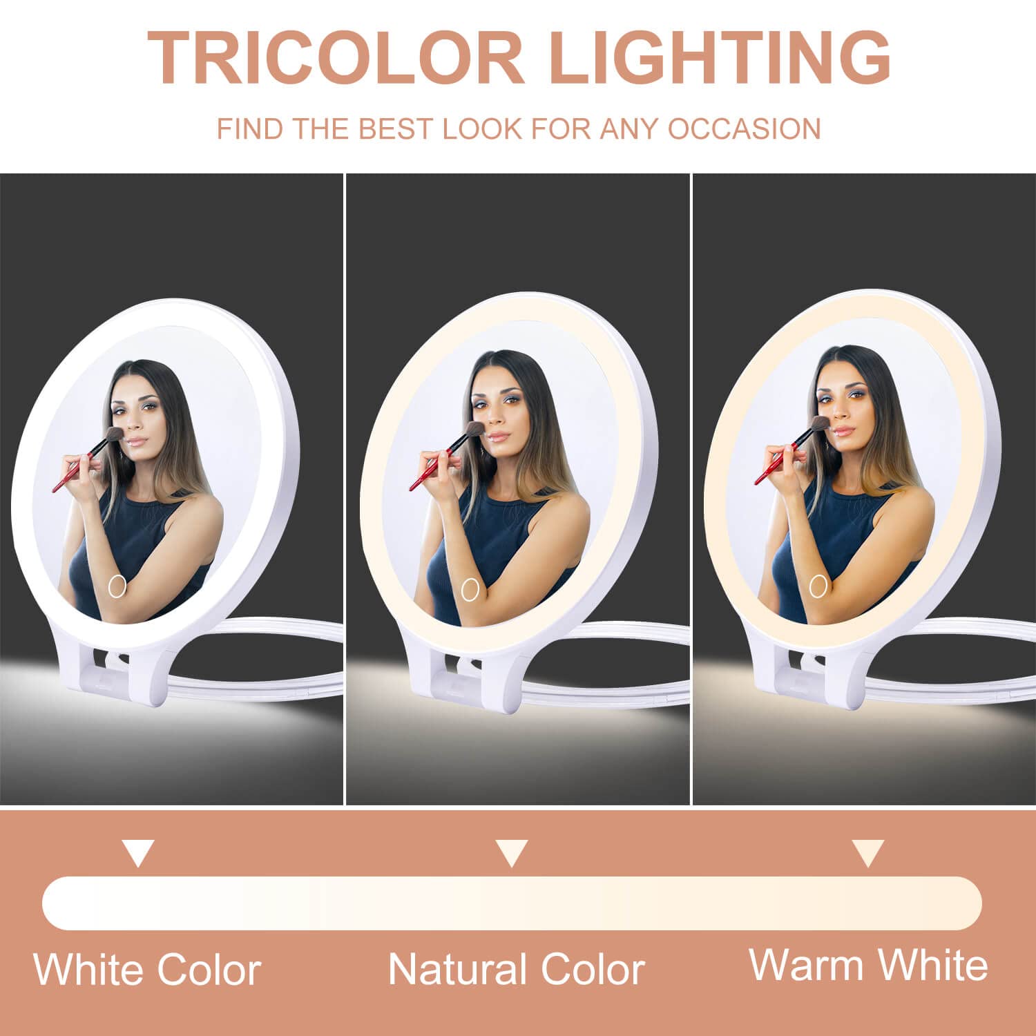 Foldable Double Sided Tabletop Mirror - Rechargeable Lighted Magnifying Mirror 10 X and 1Xï¼Œ3 Colors Light - Adjustable Foldable Handle for Makeup/Travel and Blackhead Removal.
