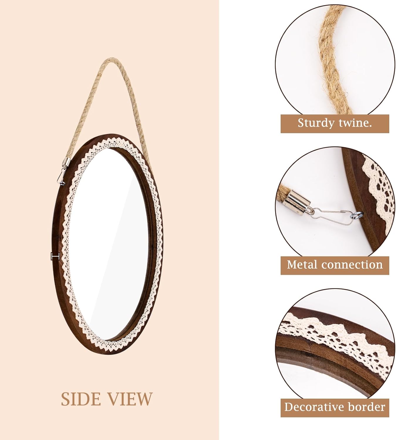 OKSQW 16 Inch Oval Wall Mirror Lace Frame Art Decorative Rustic Farmhouse Wooden Mirror Hanging Mirror with Rope for Entryway Bedroom Living Room Bathroom