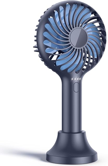 POWERbeast Handheld Fan, Portable Hand Fan with USB Rechargeable Battery & 4 Speeds, Mini Hand Held Fan with Base, Small Travel Fan Personal Desk Fan for Women Girls Kids Makeup Travel Eyelash (Navy)