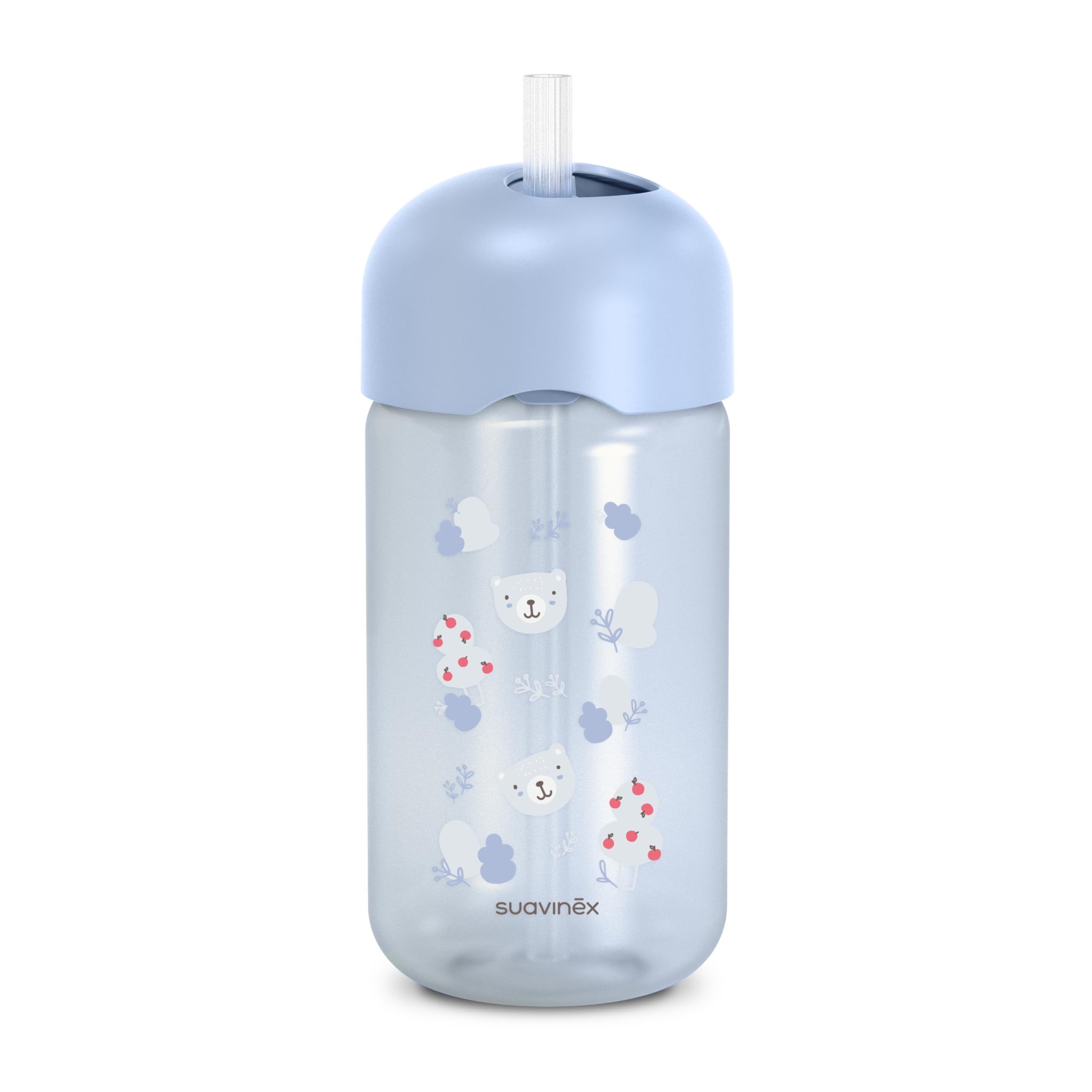 Suavinex, Bicchiere Evolutivo per Neonati+18 Mesi, Bicchiere con Cannuccia in Silicone Morbido e Flessibile, con Sistema Anti-fuoriuscita e Anti-gocciolamento, con Coperchio, 340 ml, Wild&Free Azzurro