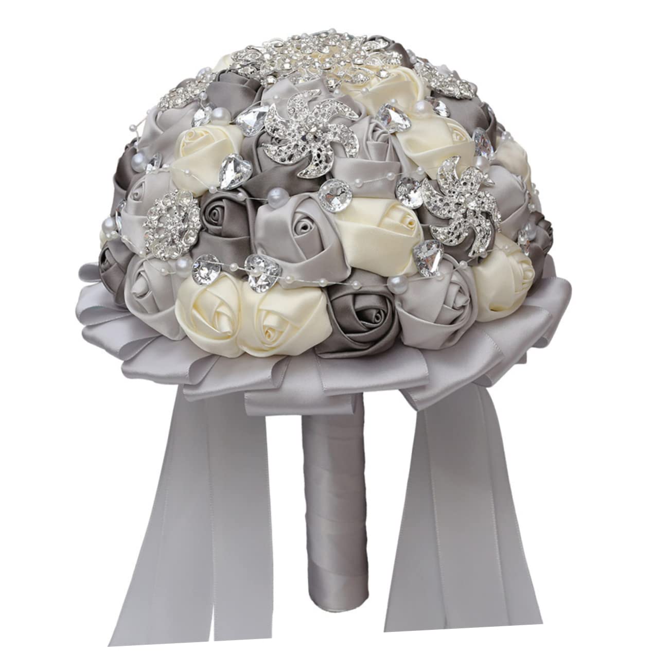 Cabilock Bouquet da Sposa Artificiale Nastro e Strass, Effetto Realistico, per Matrimonio e Decorazione Tavolo in Salotto, Argento