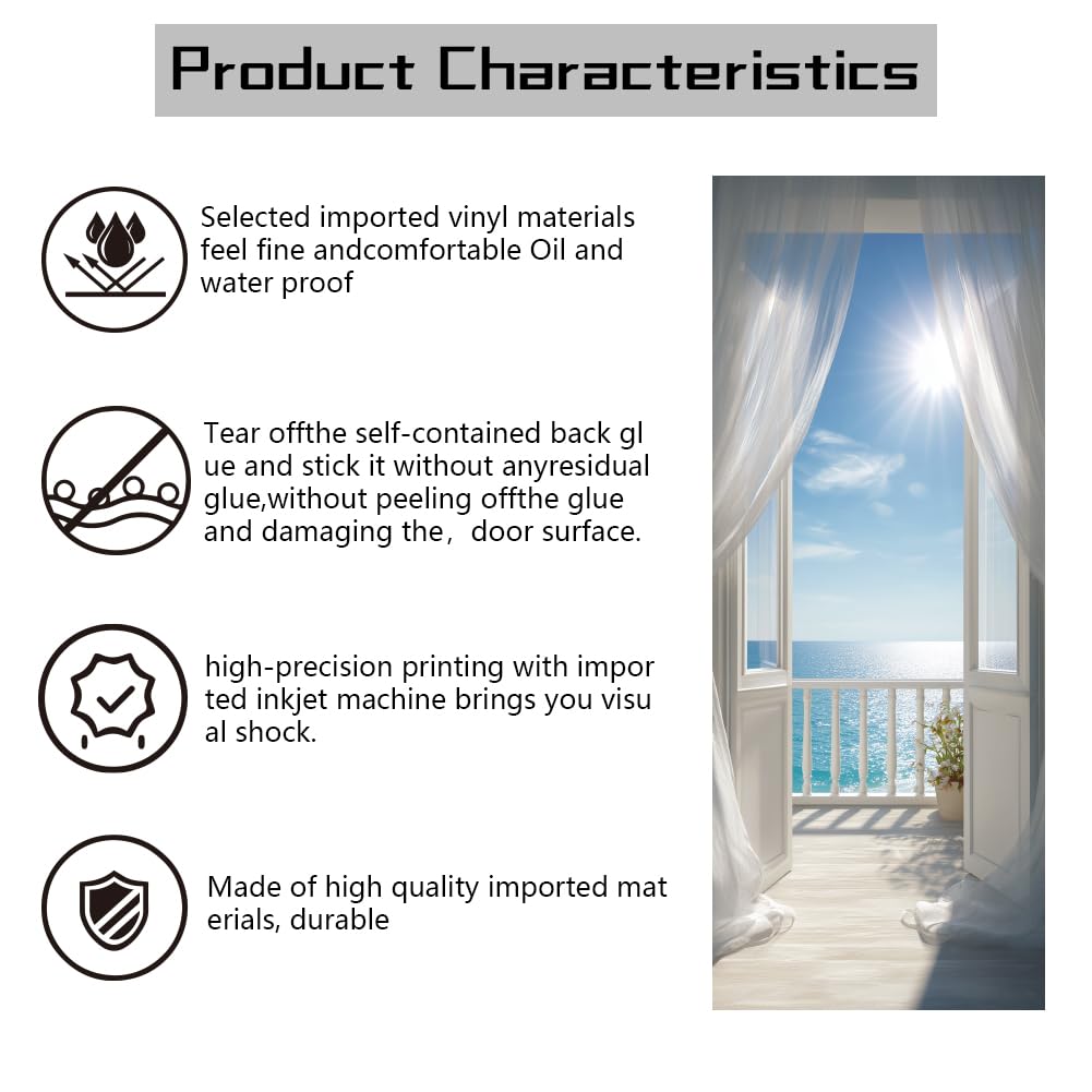 arricraft 2 adesivo porta, 31,5 "x78,7" vista sull'oceano del balcone cielo blu e nuvole bianche porta a parete adesivi PVC carta da parati rimovibile per le camere da letto Soggiorno