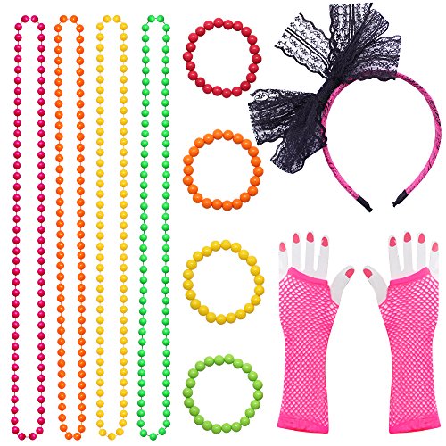 Dreamtop 80s Neon Necklaces and Bracelets Fishnet Gloves Bow Headband for 1980s Theme Party Supplies,Set of 11 (A)