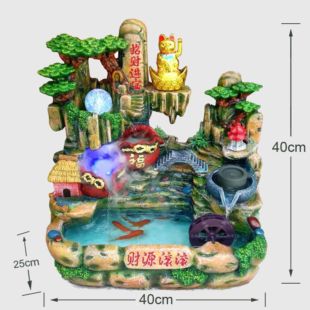Fuente decorativa de jardín, fuente de agua con cascada, de resina, diseño de gato de la suerte, con iluminación LED, función humidificadora, Feng Shui Zen, decoración para salón, dormitorio, oficina