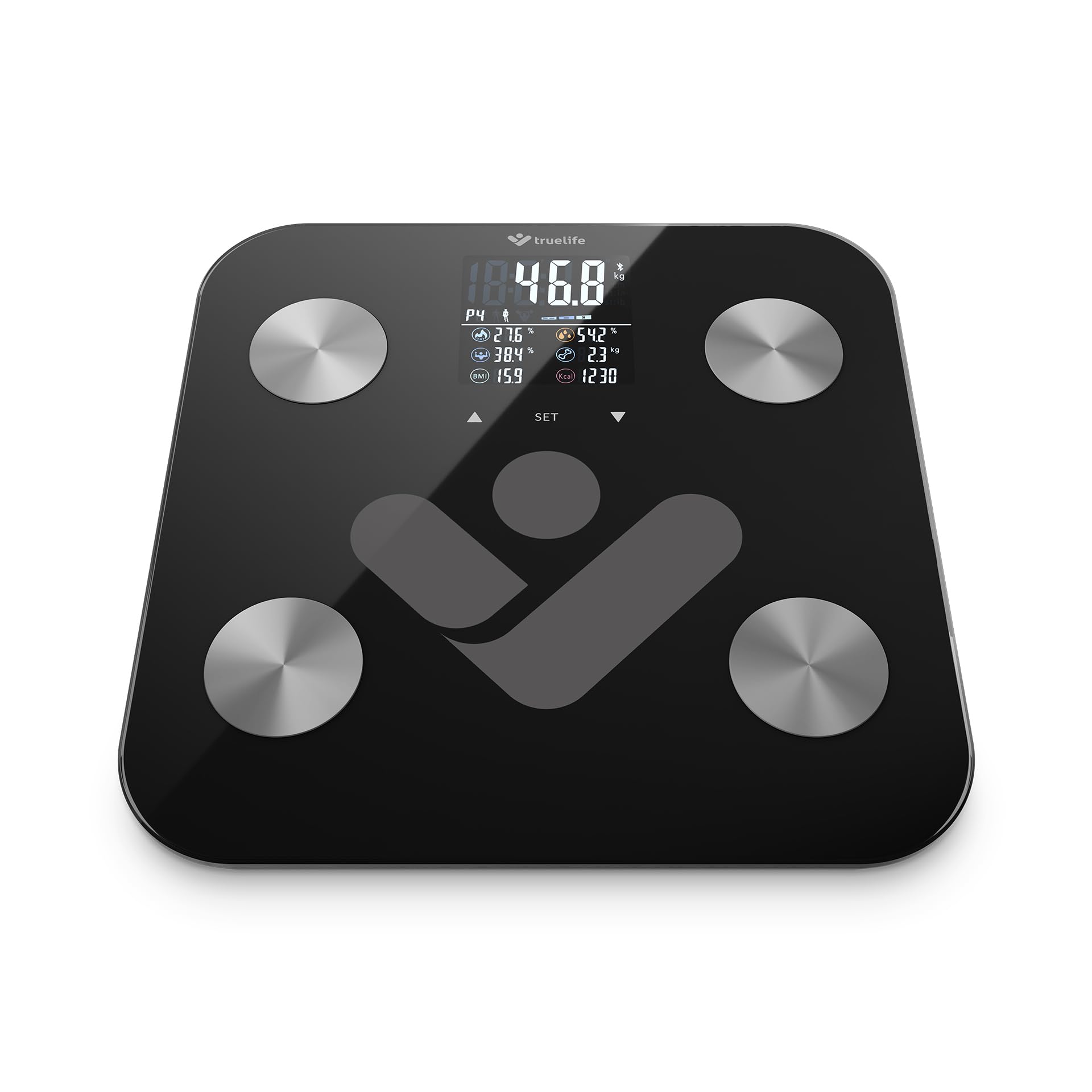 TrueLife FitScale W6 BT Bilancia diagnostica personale Bluetooth, misurazione con analisi dell'impedenza bioelettrica, 19 indici del corpo misurabili, display LCD colorato, fino a 8 utenti, app mobile