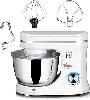 Robot kuchenny mikser planetarny Koliber ROBOMAX X-1200-W, misa ze stali nierdzewnej 4,5l, 8 prędkości, mieszadło, trzepaczka, hak do zagniatania ciasta, osłona przeciwrozbryzgowa (Biały)