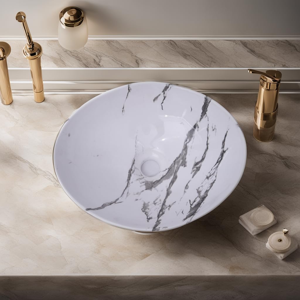 NEXIS Designer Ceramic Wash Basin For Bathroom | Over Counter Bathroom Basin | Counter Top Bathroom Sink | Wash Basin For Restaurant, Hotel (16 x 13 x 5 Inch) (White N Grey) 2
