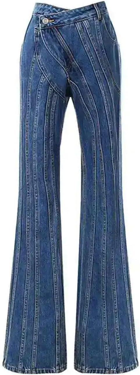 Women Oblique Waist Spliced Jeans Loose Fit Placket Trousers Streetwear Style for Spring Outfits