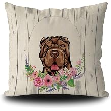 Shar Pei Dog Vintage Throw Pillow Cover Floral Wreath Cotton Linen 18x18 Inch Stripes Cushion Cover for Sofa Couch Home Decor