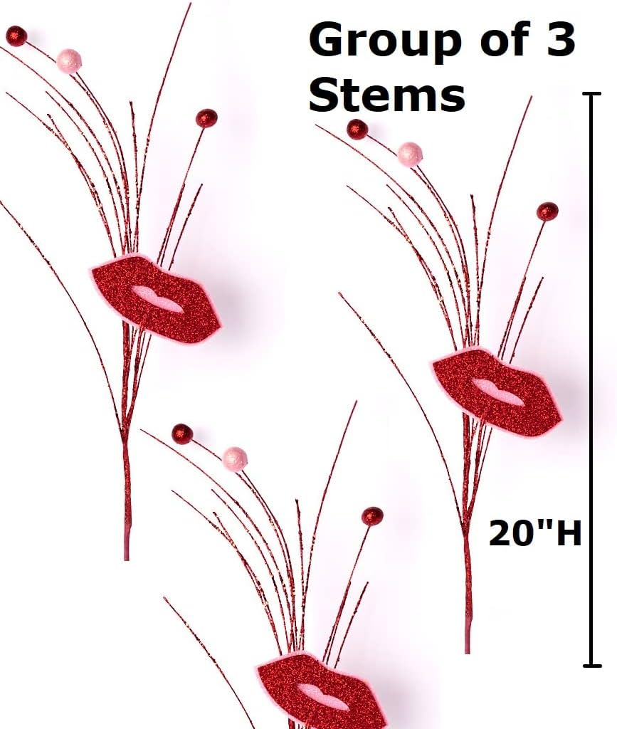 Pack of 3 Valentine's Day Glittered Hot Lips Valentine Sprays by Factory Direct Craft - Hot Lip Stems for Valentine's Day and Sweetest Day Decorations Flower Arrangements and Bouquets
