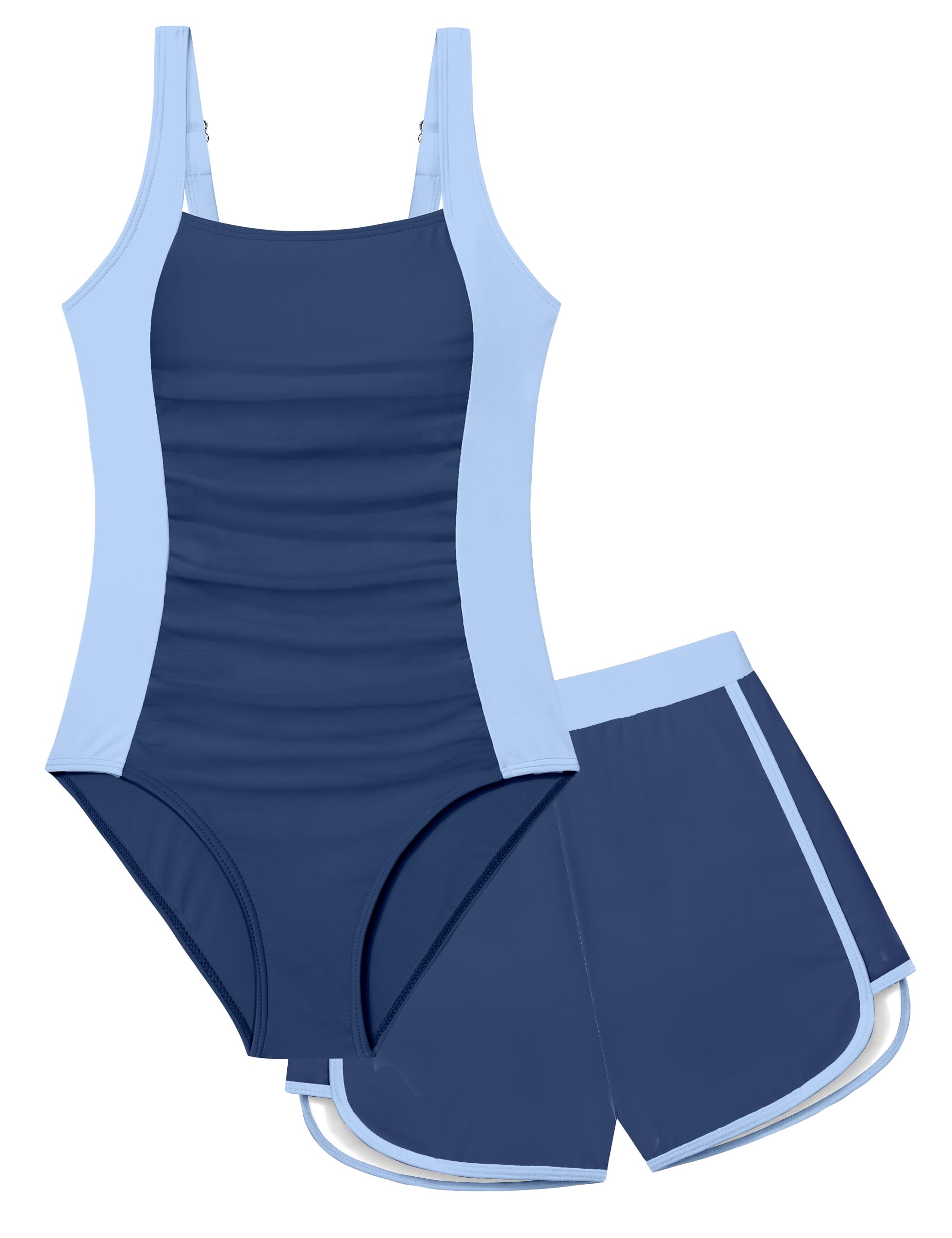 Girls Swimsuit One Piece Swimsuits Color Block Bathing Suit for Girls Adjustable Strap Padded Swimwear with Shorts