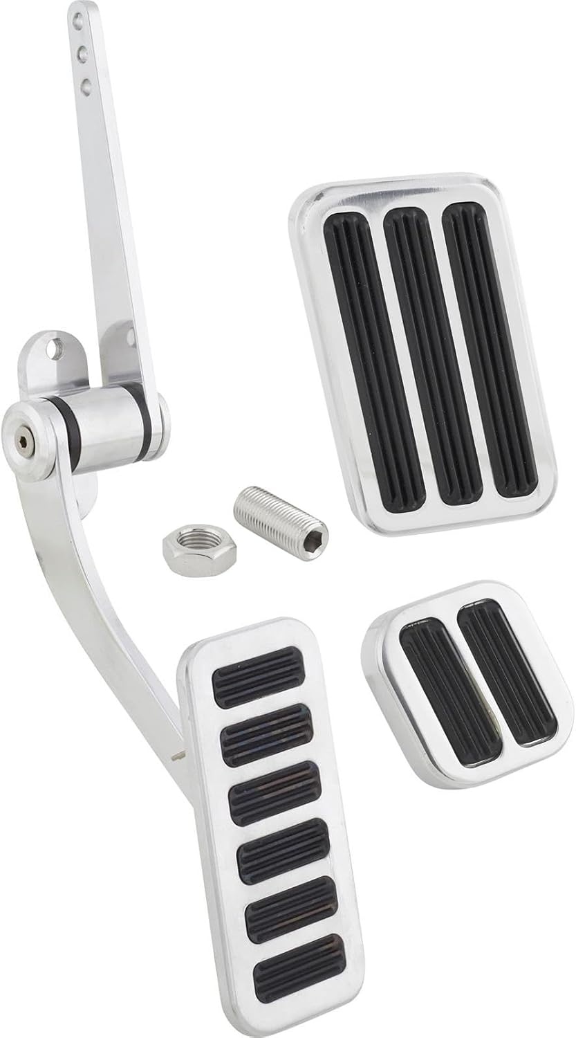 Speedway Motors Polished Aluminum Throttle, Brake & Dimmer Pedal Kit Includes Large Firewall Mount Gas Pedal, Brake Pad & Dimmer Pad with Non-Slip Rubber Inserts for Street Rods