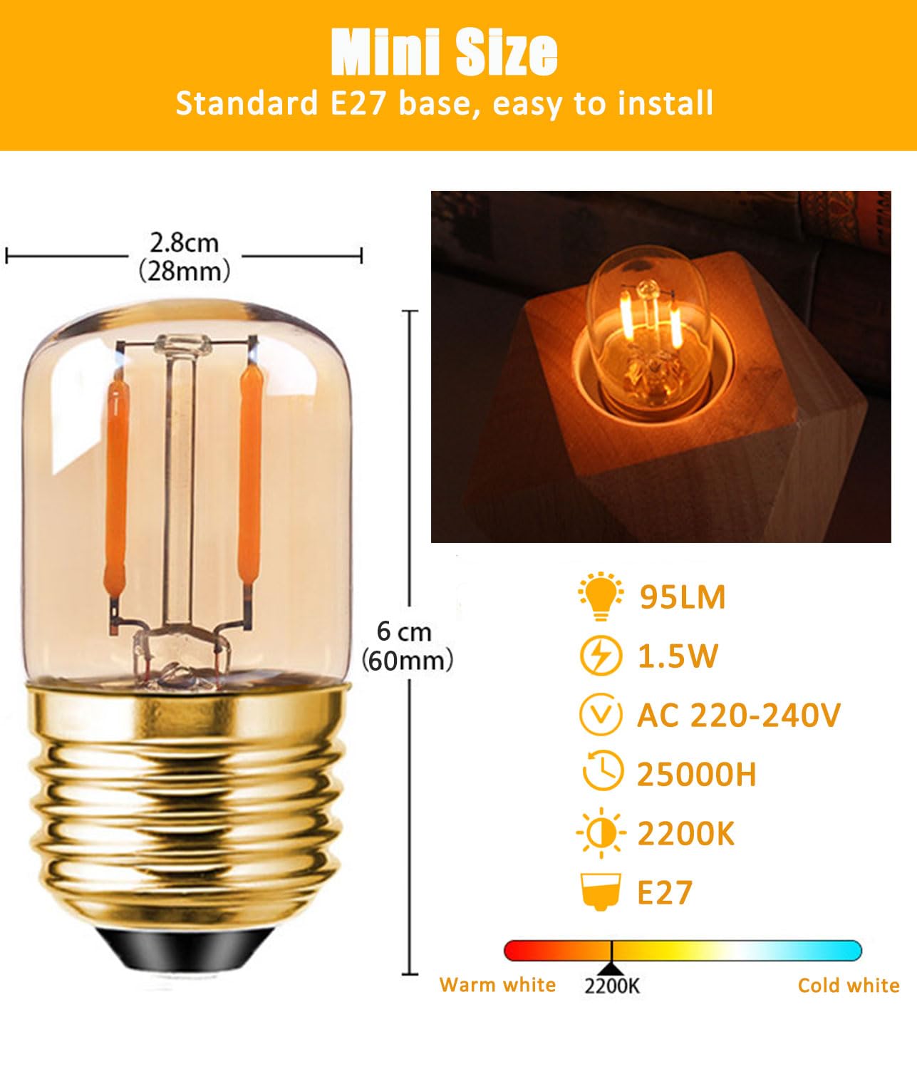 KINGYEENUO Vintage E27 LED Bulb 1.5W, T28 Amber LED Bulbs 10W Equivalent, Edison Screw Filament Bulb, Ultra Warm White 2200K - Image 4