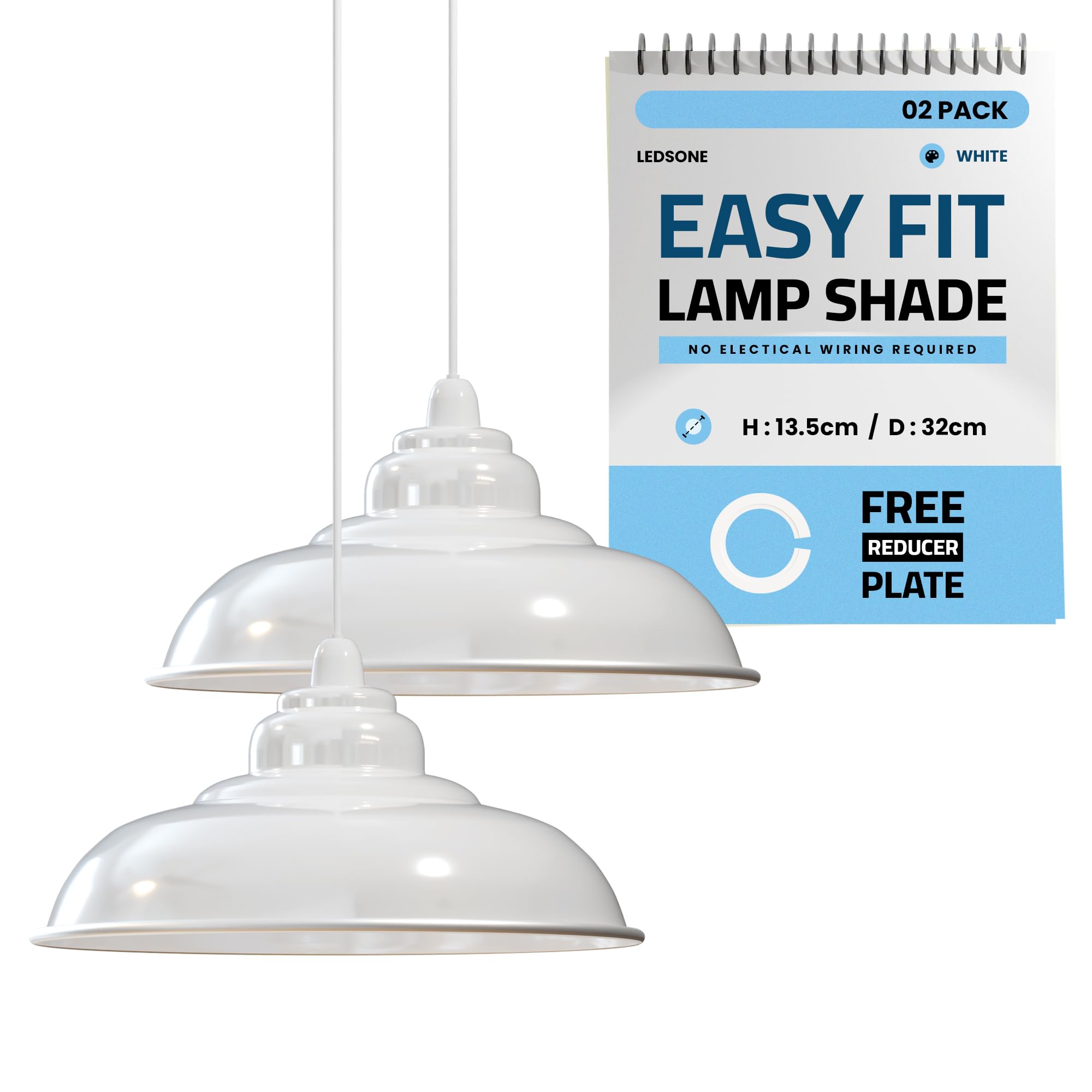 LEDSone Retro Style Gloss White Metal Ceiling Light Shade | Pendant Lights, Home Dรฉcor & Improvement Essential | 320mm Shade Width Easyfit Hanging Lamp Shade โ image 1