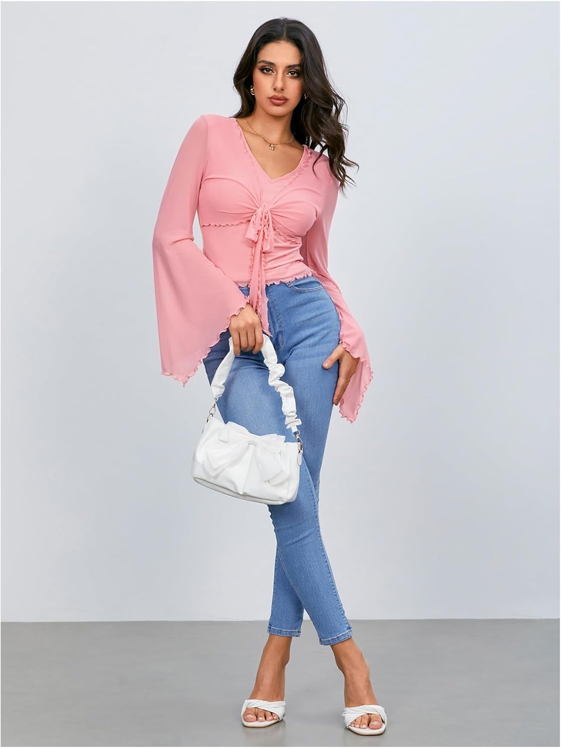 Verdusa Women's Y2k Bell Sleeve V Neck Mesh Going Out Crop Top 2000s Whimsical Clothes - Image 6