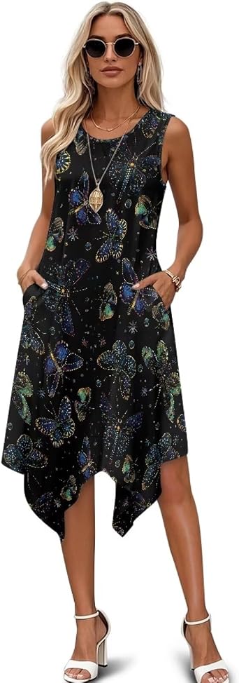 Boho Floral Dress for Women Sleeveless Tank Dresses Crew Neck Tshirt Dresses Sundress with Pocket