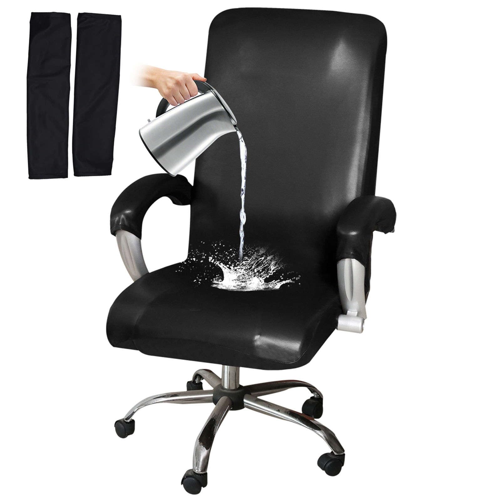 HOMECOVER Elástica Funda para Silla De Oficina Impermeable, Universal De Piel Sintética Giratorio Cubiertas De La Silla De La Computadora con Fundas De Reposabrazos Extraíble-Negro-Large