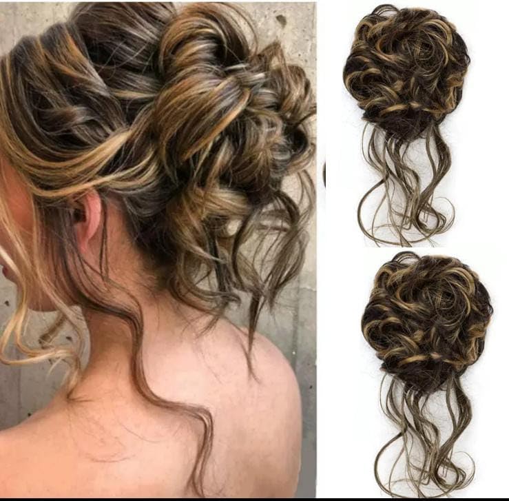HAIR WALA® 02 PCS Messy Bun Hair Extension, Dark Brown Mix with Golden Brown Highlights, Synthetic Hair, 6 Inch, Elastic Band Attachment, Curly Updo Style-image-3