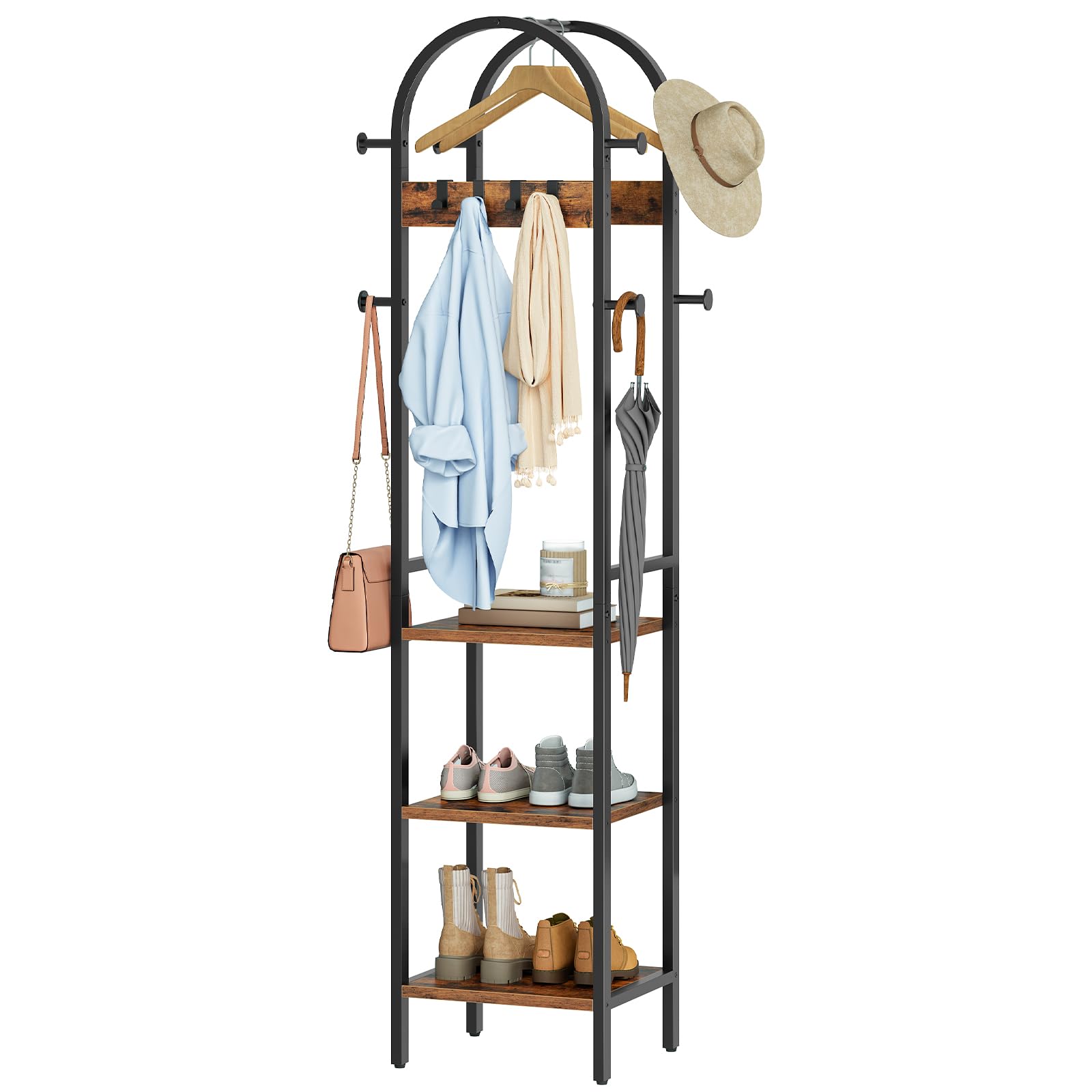 HOOBRO Perchero de Pie con 12 Ganchos y 3 Estantes de Almacenamiento, para Ropa, Sombreros, Bolsos y Accesorios, Entrada, Sala de Estar, Dormitorio, Marrón Rústico y Negro EBF40YM01