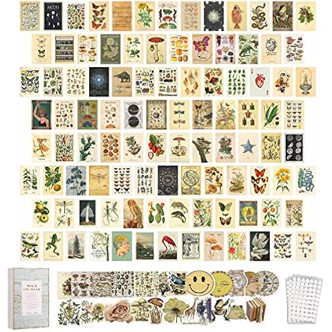 SOONYO 100 PCS Posters for Room Decor Aesthetic Vintage Botanical Illustration Tarot Aesthetic Pictures Wall Collage Kit, Trendy Small Poster for Dorm, Vintage Style Art Print Photo Collection Cover