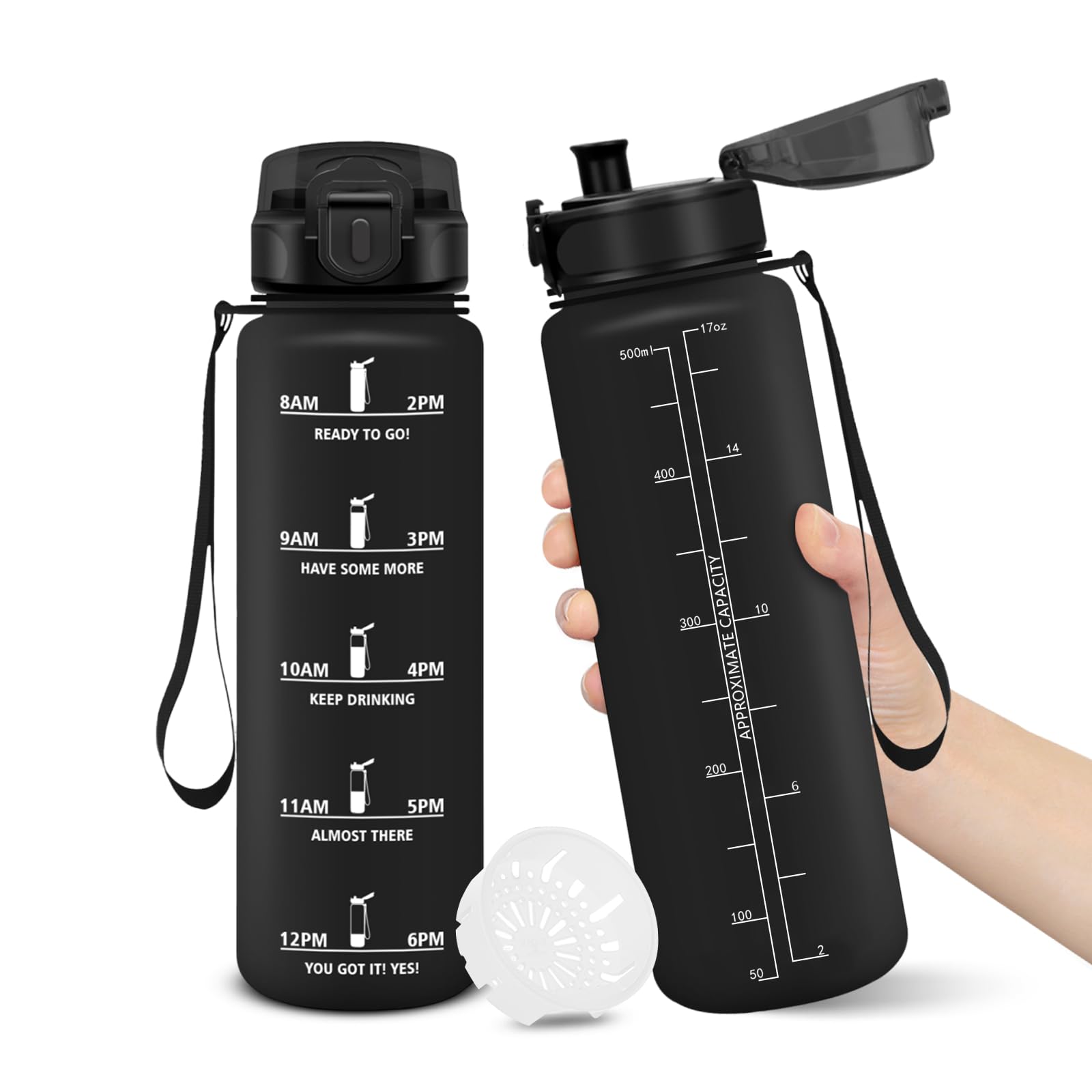 Borraccia, 500ML Senza BPA, Borraccia Bambini, Design della serratura a prova di perdite, Borraccia Motivazionale, Con marca temporale, Bottiglia Acqua per Scuola, Sport, Scalare Montagne - Nero
