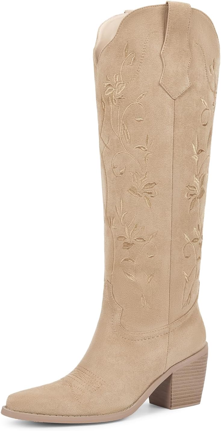 wetkiss Womens Cowboy Boots Knee High Cowgirl Boots with Pointed Toe Chunky Heel Retro Vintage Floral Embroidered Pull on Tall Western Boot