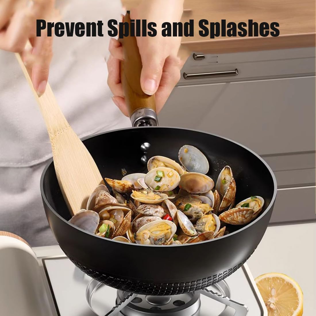 Madridwind Fish Scale Pattern Flat Bottom Non-stick Pan, 2025 New Uncoated Non-stick Household Cooking Pan with Lid, Handmade Round Cooking Wok for Electric, Induction and Gas Stoves (11.02 inch)