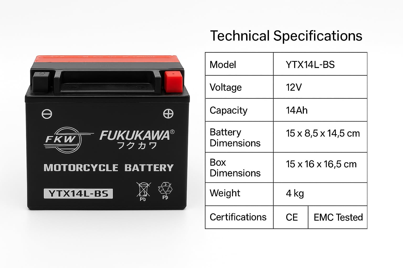 FUKUKAWA YTX14L-BS Motorcycle Battery 12V 14Ah – Conventional Lead
