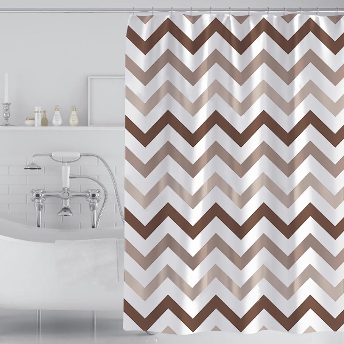 FSZhenZuan Shower Curtain 180x200cm Drop Water Repellent Shower Curtain with Hooks Washable Polyester Fabric Geometric Waves Decorative Bathroom Curtains, Weighted Hem — image 1