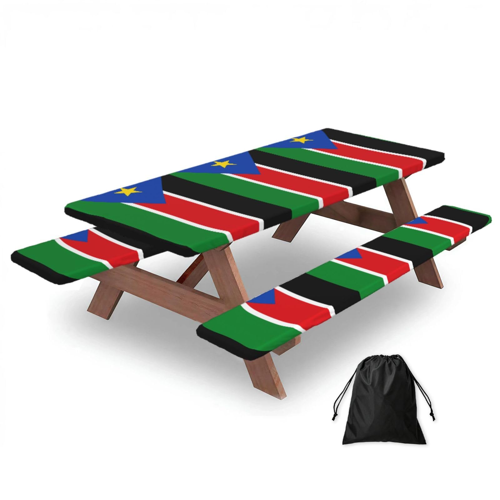 Hhbiuuo Black 72In Camping Table Cover & Bench Covers 3-Pack Set, Flag Of South Sudan Print Tablecloths, For Rectangle Tables Picnic