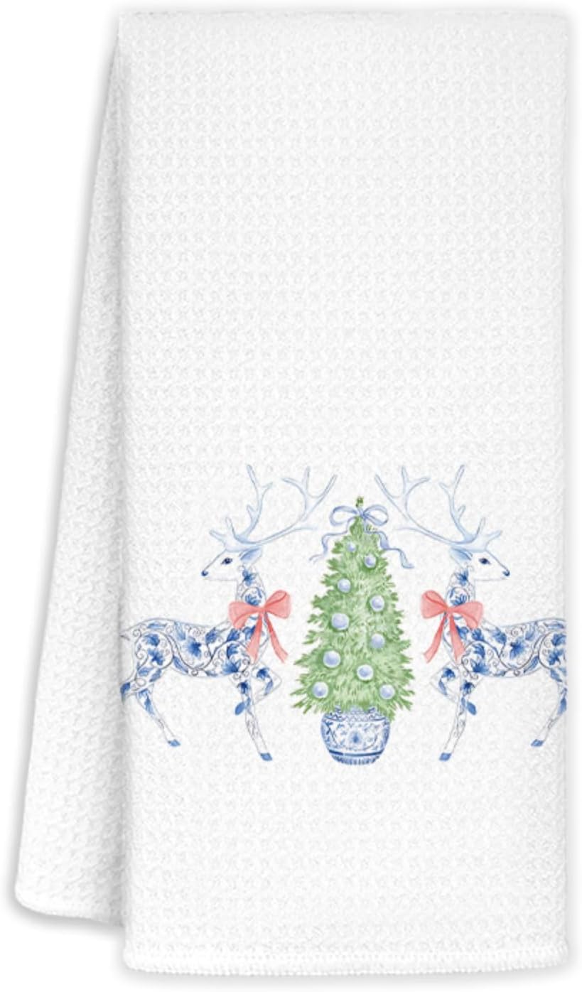 Christmas Kitchen & Bath Towels, Blue & White Chinoiserie Reindeer Tree Decorative Hand Towels, 16x24 Inch