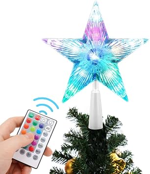Christmas Tree Topper Star 7 LED Lighted Star Tree Top w/Remote Control, 5-Point Star RGB Night Light Treetop, Small Xmas Tree Decor for Christmas, USB Plug in/Wire 9.84Ft