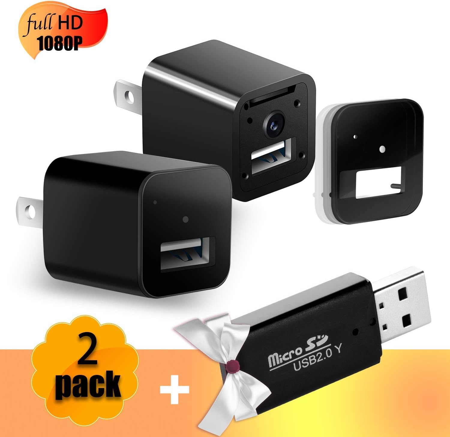 Hidden Spy Security Mini Camera - 2 Pack USB Charger Full HD 1080p Resolution Loop Recording, Motion Detection for Home, Office Surveillance and Security, Charge iPhone, Android Devices Nanny cam