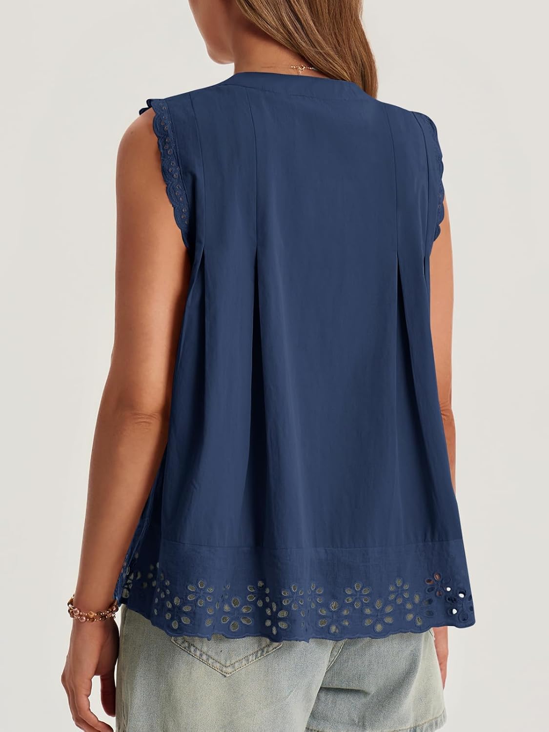 Cicy Bell Womens Summer Eyelet Tank Tops V Neck Ruffle Sleeveless Button Down Shirts Casual Cotton Loose Fit Tees - Image 5