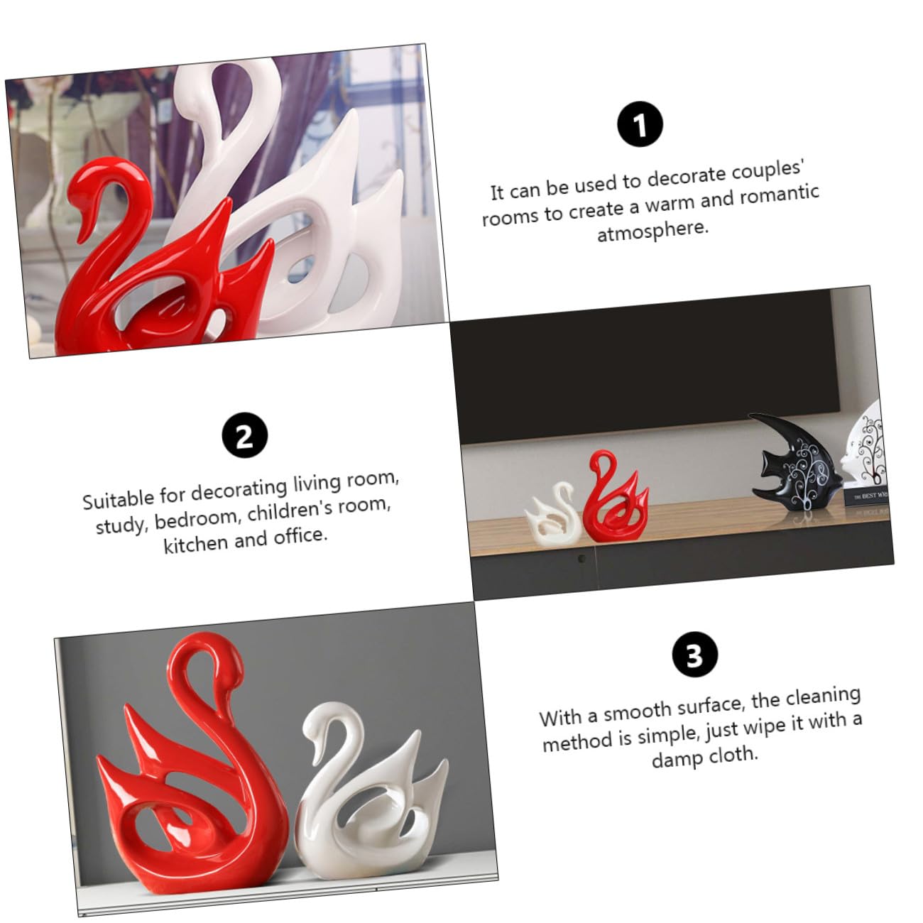 Housoutil 2 Stück Keramik Schwan Paar Skulpturen Rot Weiß Minimalistische Wohnzimmerdekoration Romantische Wohndeko für Paare und Hochzeit Glatte Oberfläche Geschenkidee