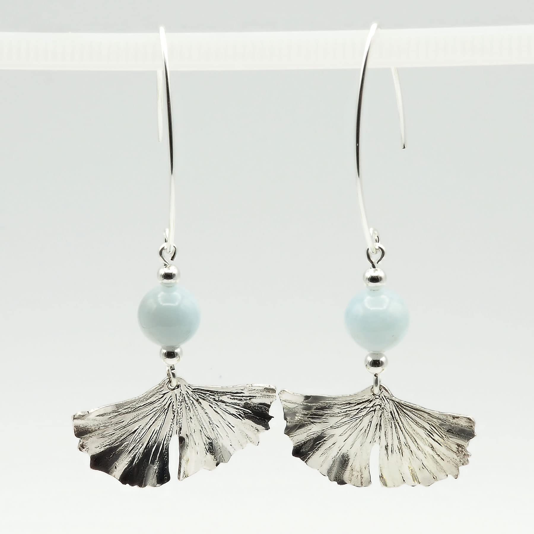 Pendientes de Aguamarina y Plata 925, Diseño de Hoja Ginkgo Biloba, Largos 60 mm