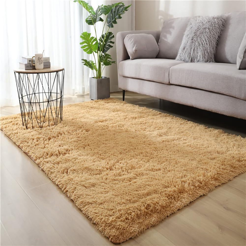 High Density Rabbit Fur-Like Area Rug Non Shedding 4CM Thick Soft Polyester Carpet with Non Slip Bottom Minimalist Versatile Floor Rug for Living Room Bedroom (Khaki, 5.25 * 7.55ft)