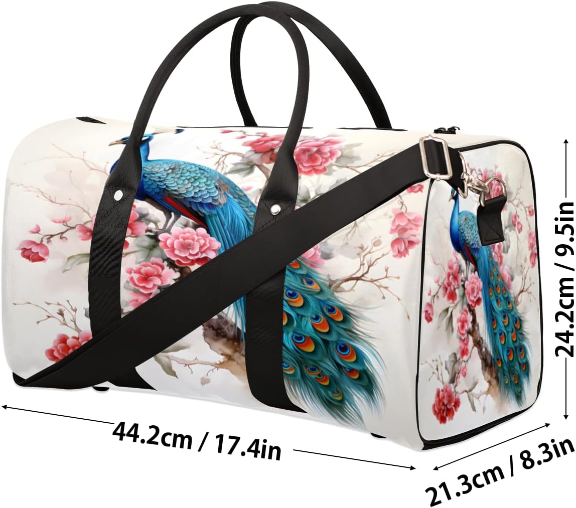 Tree Branch Flower Beautiful Peacock Travel Duffel Bag for Women Men Large Capacity Overnight Weekender Bags for Lightweight Waterproof Sport Gym Bag for Workout Yoga Swim