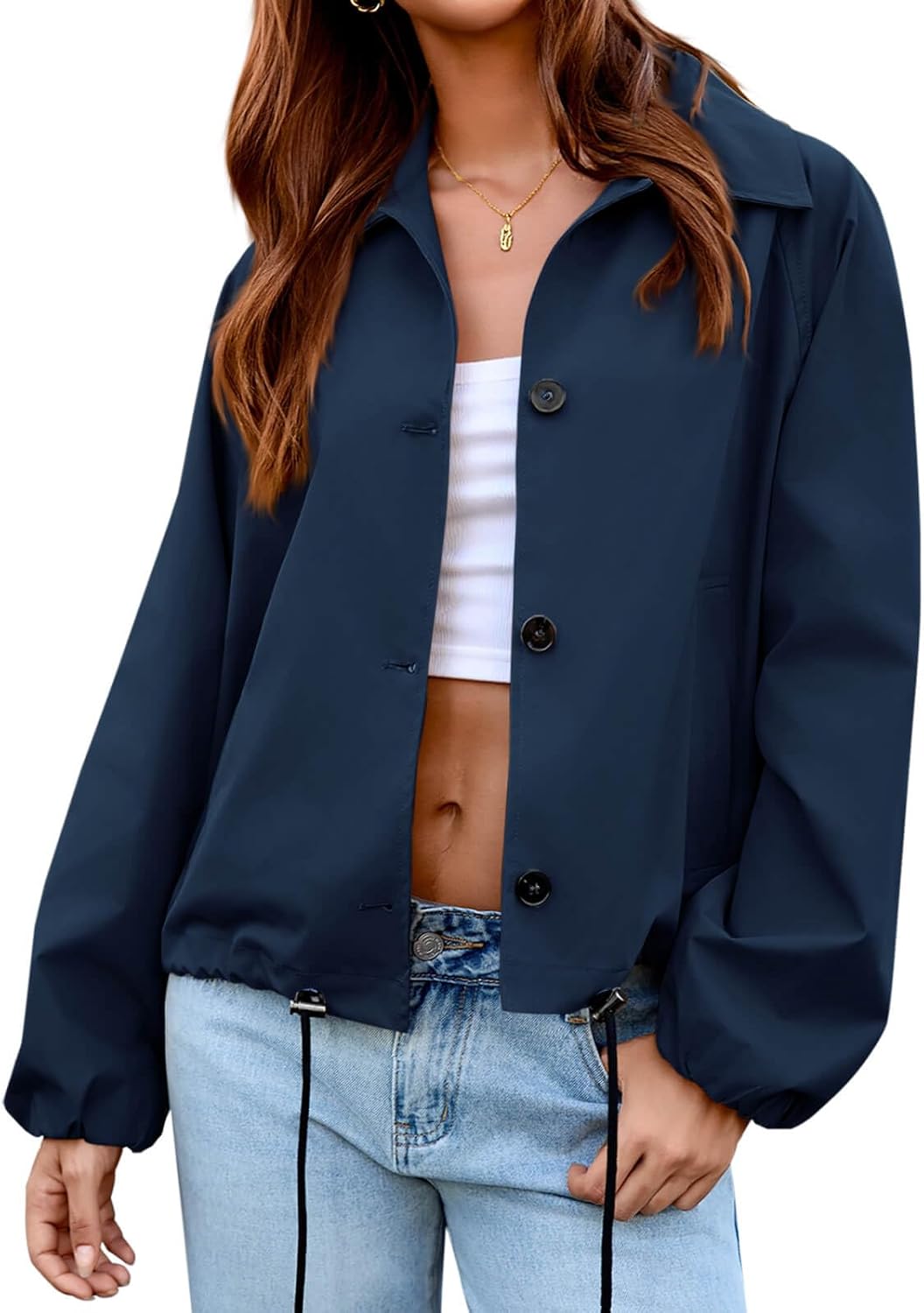 Yousify Womens Cropped Bomber Jackets Button Down Lapel Collar Coats Adjustable Waist Trench Coat Outerwear with Pockets