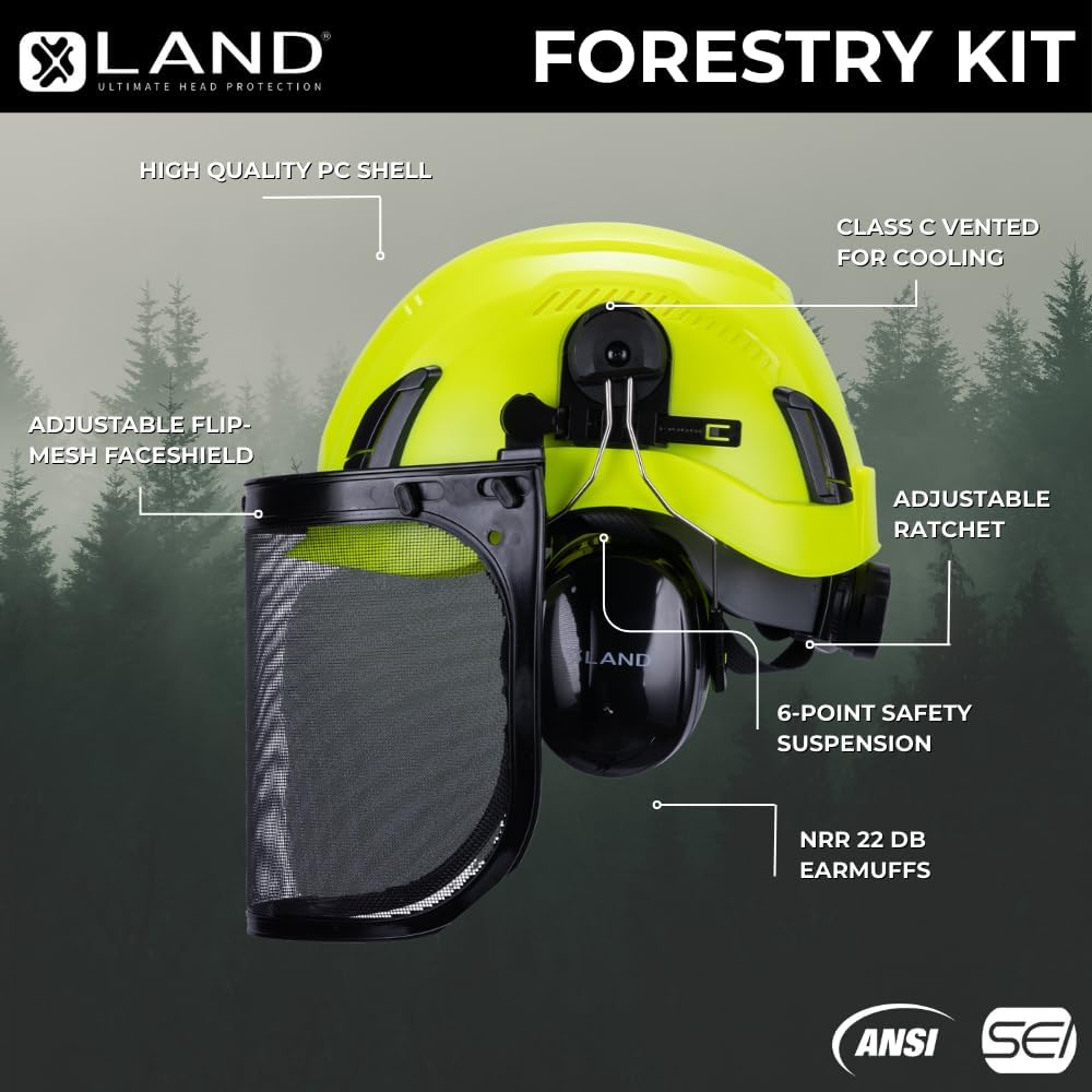 Land Helmets EcoPro Forestry Kit - ANSI Z89.1 Type I Class C Vented - Forestry Helmet Kit with Faceshield & Earmuffs - 3 in 1 Helmet Kit - Ideal for Arborists