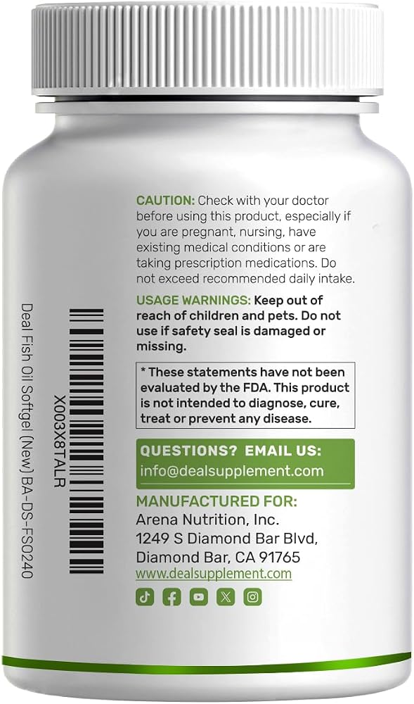 DEAL SUPPLEMENT Omega 3 Fish Oil Supplements, 3,000mg Per Serving, 240 Softgels – EPA 1,200mg + DHA 900mg – Burpless Pills, Lemon Flavored, Wild Caught – Brain & Heart Support – Mercury Free, Non-GMO