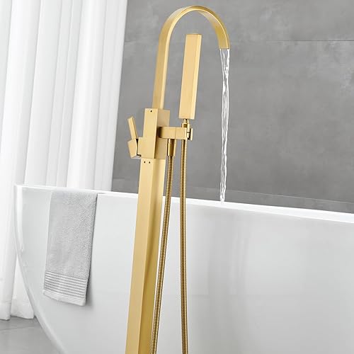 Miniatura 5 de Grifo de bañera independiente para montaje en el piso, grifo de baño de latón dorado cepillado, manija única con ducha de mano