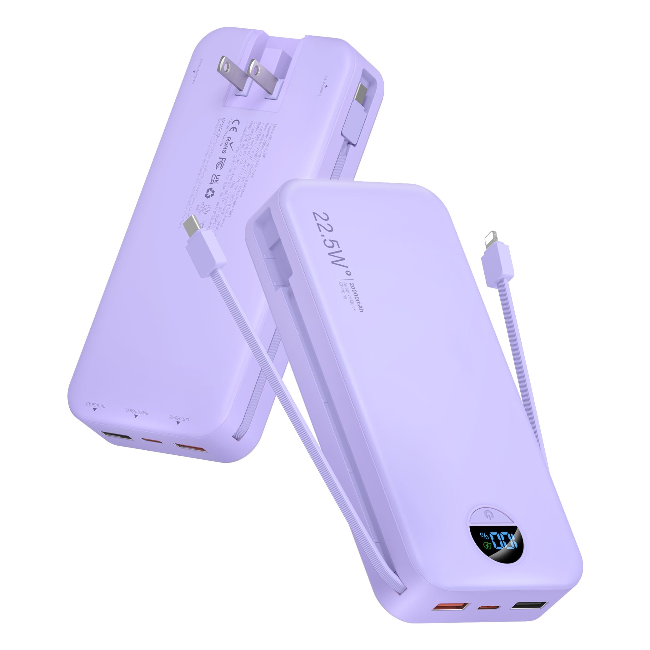 Portable Charger Power Bank, 20000mAh 22.5W USB C Fast Charging with Built-in Cables & Wall Plug, External Battery Pack with LED Display, Travel Essentials for iPhone, iPad, Samsung Purple