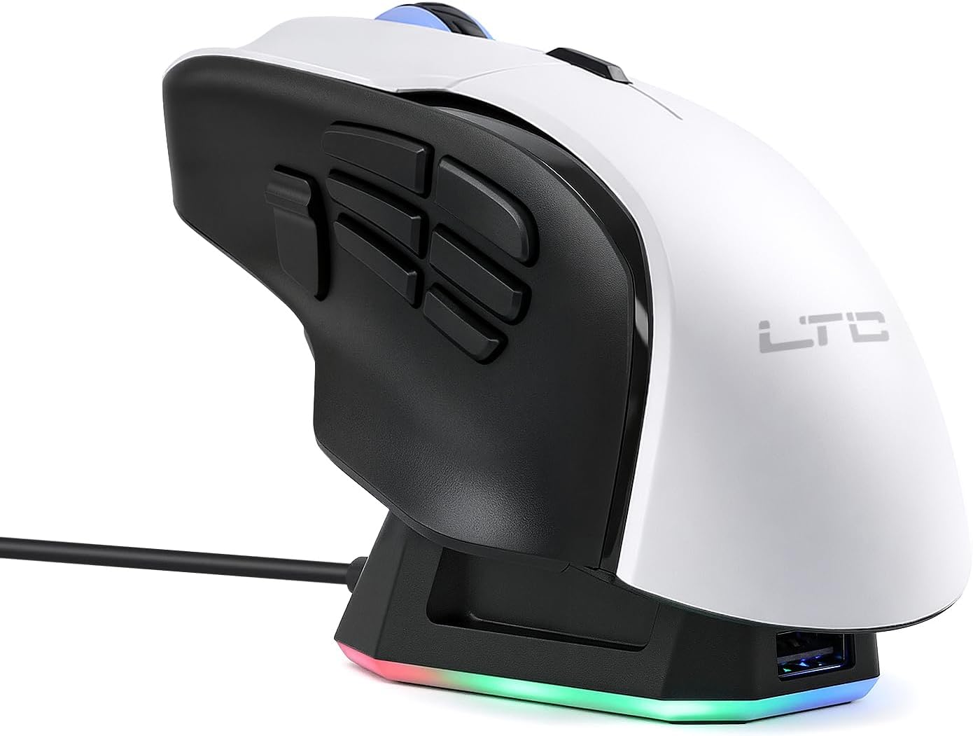 LTC MKM071 Wireless MMO Gaming Mouse with RGB Charging Dock, Tri-Mode (2.4G/Bluetooth/Wired), 12000 DPI PAW3311 Sensor, 11 Programmable Buttons, 7 Side Buttons, 1000Hz Polling Rate, Ergonomic