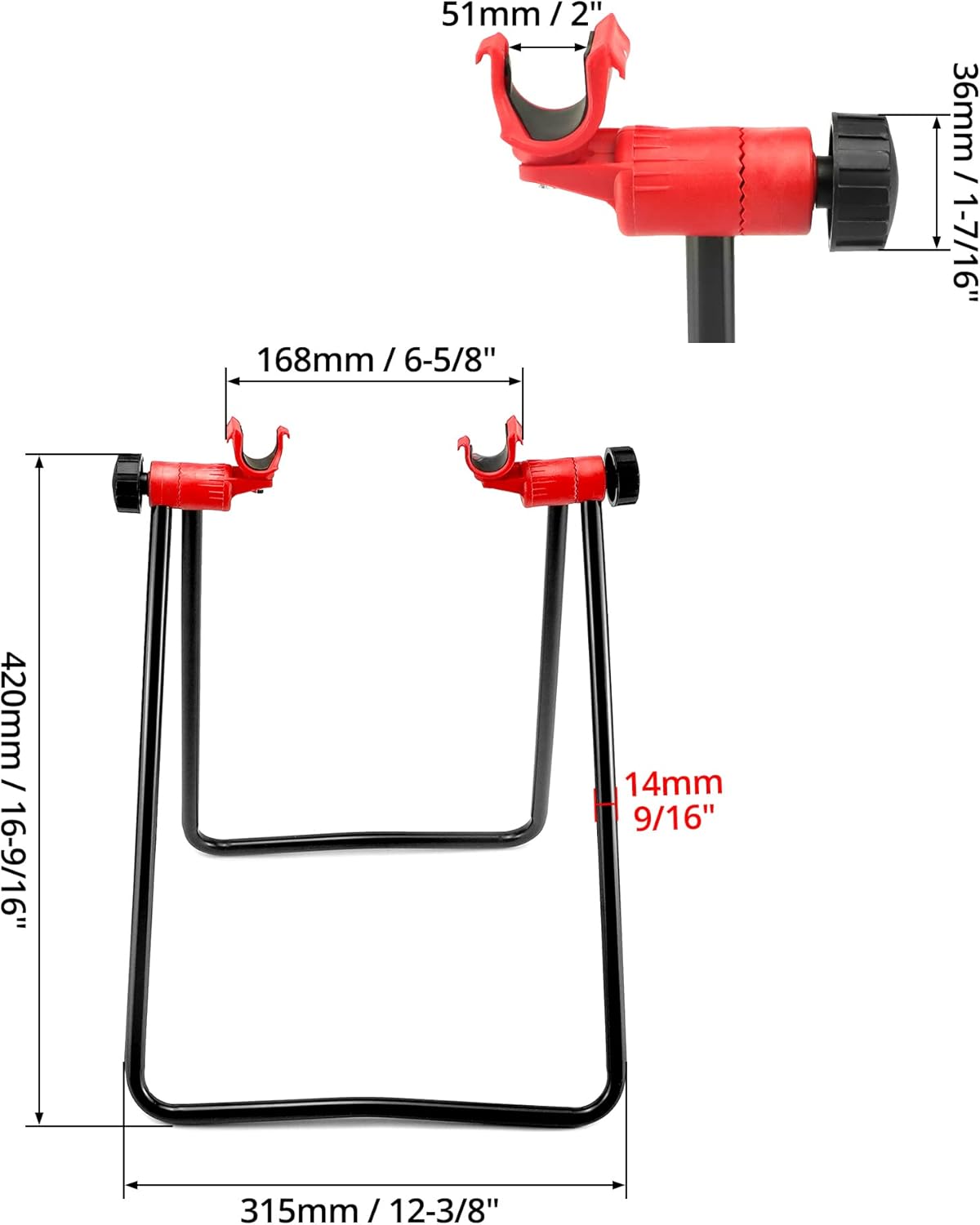 Diagram showing the dimensions of the QWORK bicycle stand, including height, width, and mount measurements.