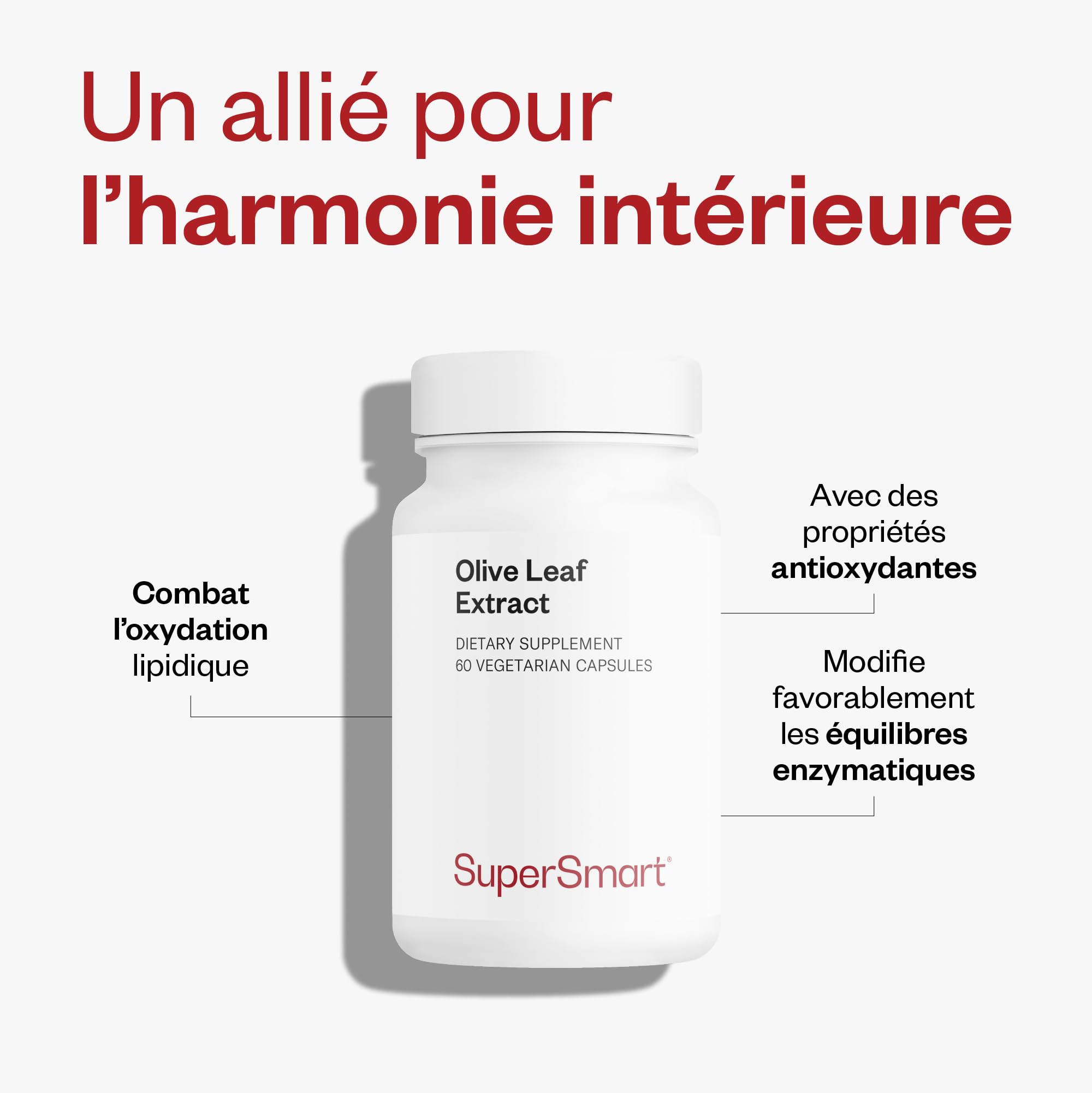 Supersmart - Olive Leaf Extract - Conçue Naturellement à Partir des Feuilles d’Olivier - Contribue à Diminuer le Taux de Triglycérides | Sans OGM - 60 Capsules Végétariennes