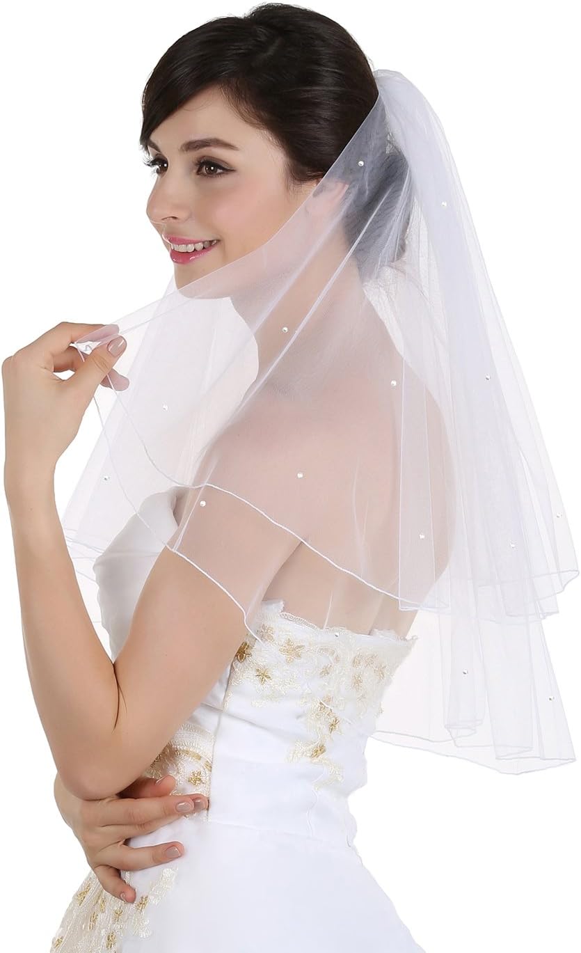 SAMKY 2T 2 Tier Pencil Edge Scattered Rhinestone Bridal Wedding Veil