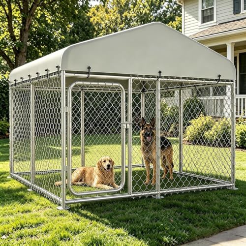 COMHOMA 7.57.5FT Outdoor Dog Kennel with Roof Heavy Duty Metal Dog Enclosure with Weather-Resistant Cover & Secure Lock for Medium Large Dogs (Gunmetal 7.5x7.5ft)