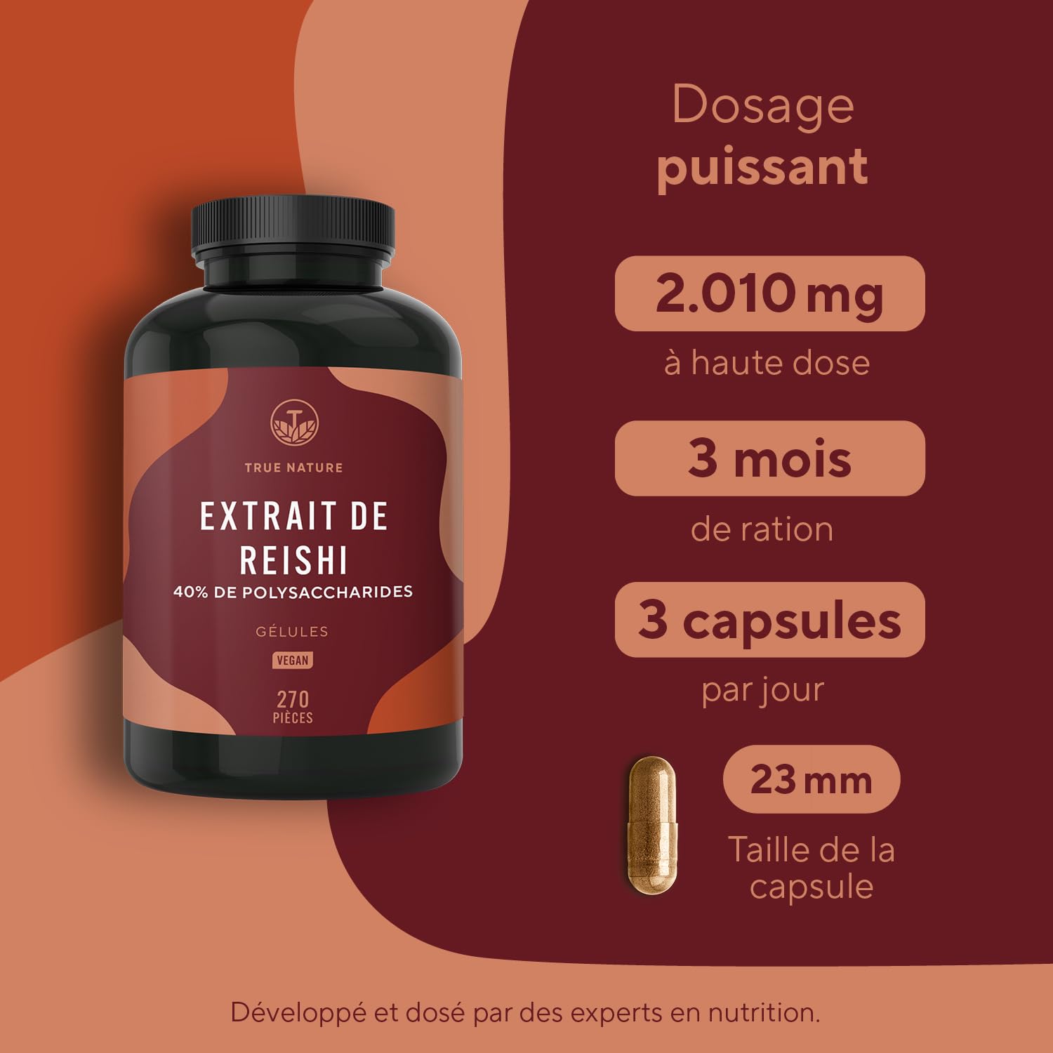 Reishi Ganoderma Lucidum - 270 Gélules - 20.100mg/jour, Extra Concentré (5:1) - 40% Polysaccharides - Immunité & Énergie - Sans Additifs, Gluten & Lactose - TRUE NATURE